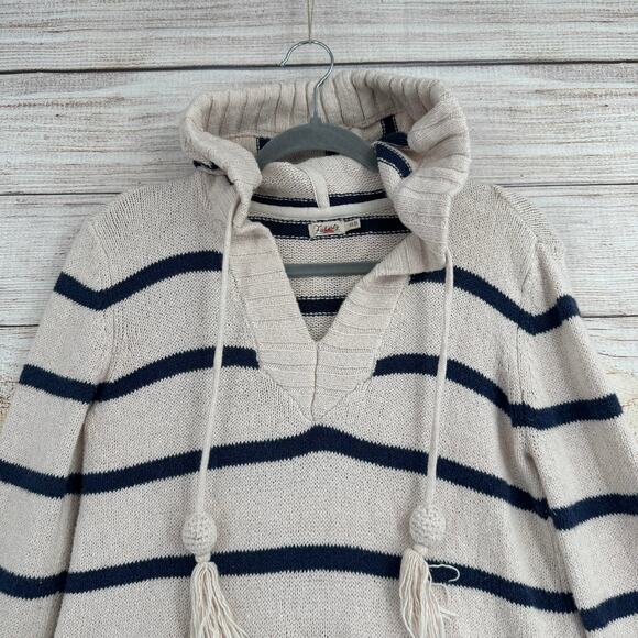 Faherty Kent Striped Hoodie Sweater Womens XS Ivory Blue Tassled Drawstring - Picture 3 of 13